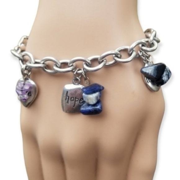 CHICOS SILVERTONED INSPIRATION CHARM & NATURAL GEMSTONE CHARMED CHAIN BRACELET - Picture 1 of 5